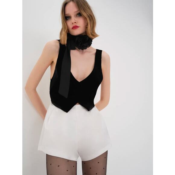 For Love and Lemons Drew Velvet Romper Black White Size Medium NWT Satin Shorts - Picture 1 of 16
